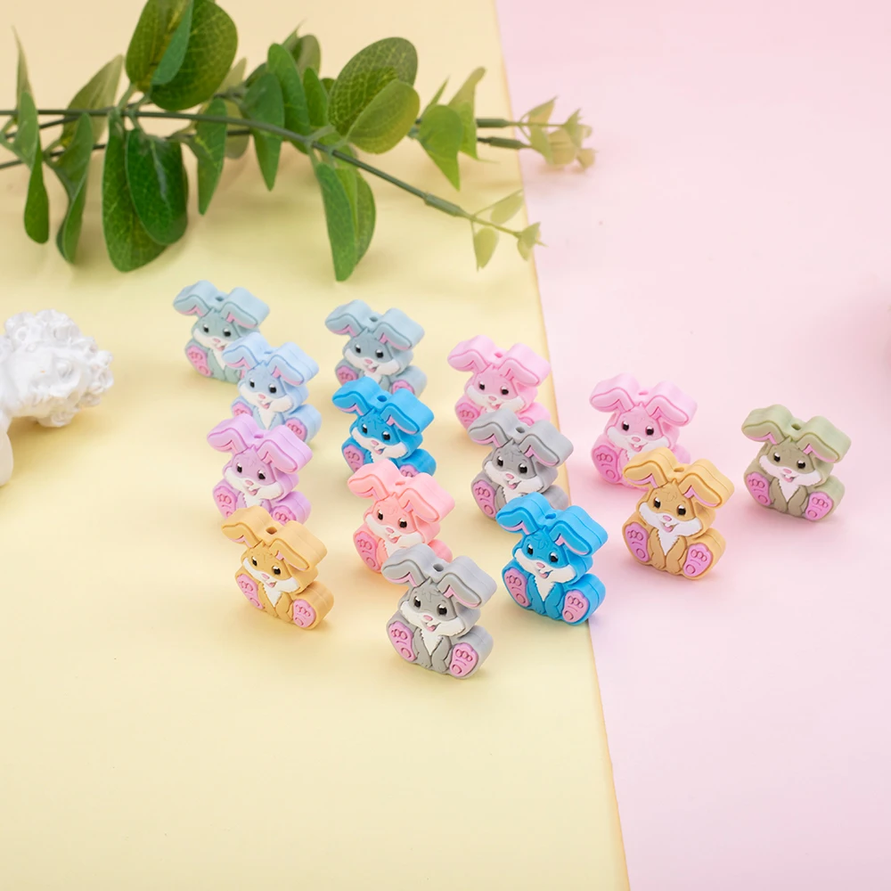 

Sunrony 50Pcs Mini Rabbit Silicone Beads Baby Teeth Care Teether Nipple Chain Teething Ring Chew Animal Toy Food Grade BPA Free
