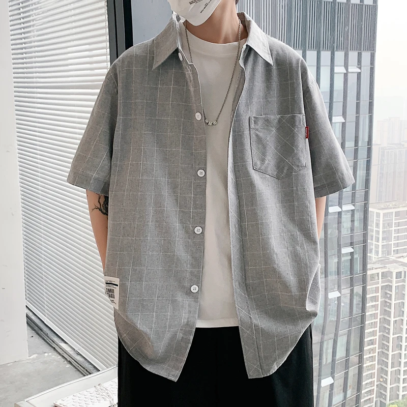 

Summer Men's Shirt Short Sleeve Top Male Clothing Fashion Polo Shirts Blended Casual Lattice Loose Movafag