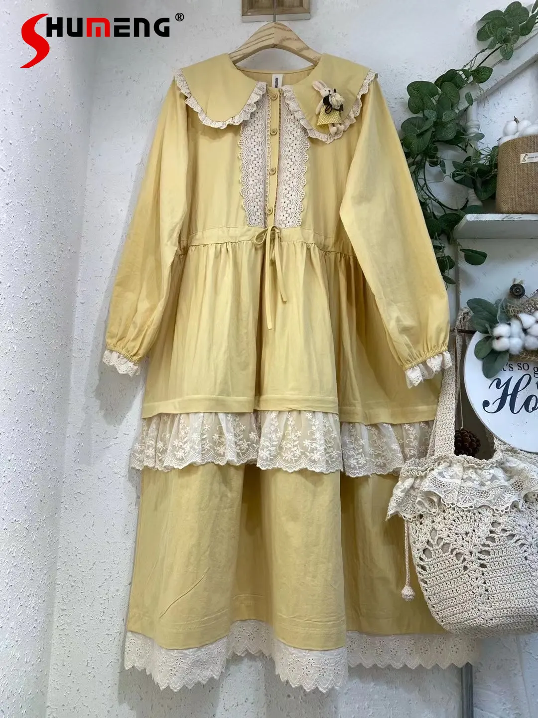 Sweet Younger Peter Pan Collar Cotton Loose Version Waist-Controlled Long Sleeves Dress Lace Stitching Mid-length Cake Dress