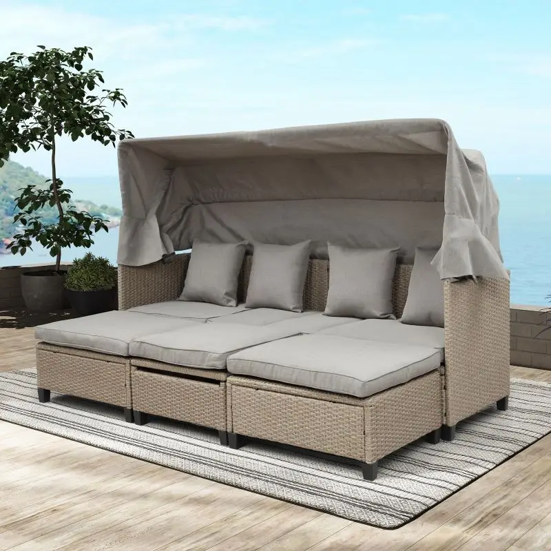 

4Piece UV-Resistant Resin Wicker Patio Sofa Set with Retractable Canopy Cushions Lifting garden chair Table Brown