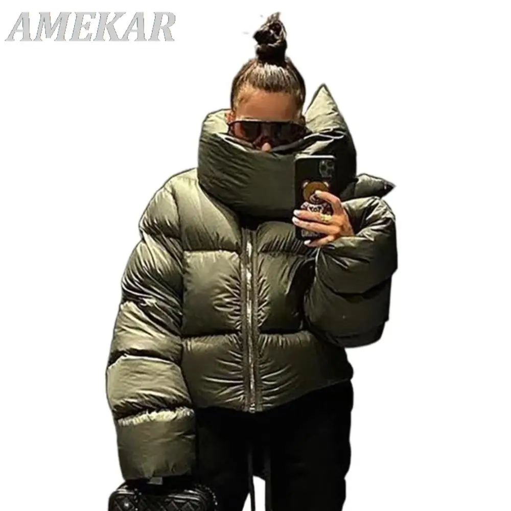 Women's Zipper Scarf Collar Short Puffer Jackets Winter Fashion Green Parka Streetwear Lady Casual Black Oversized Bubble Coats