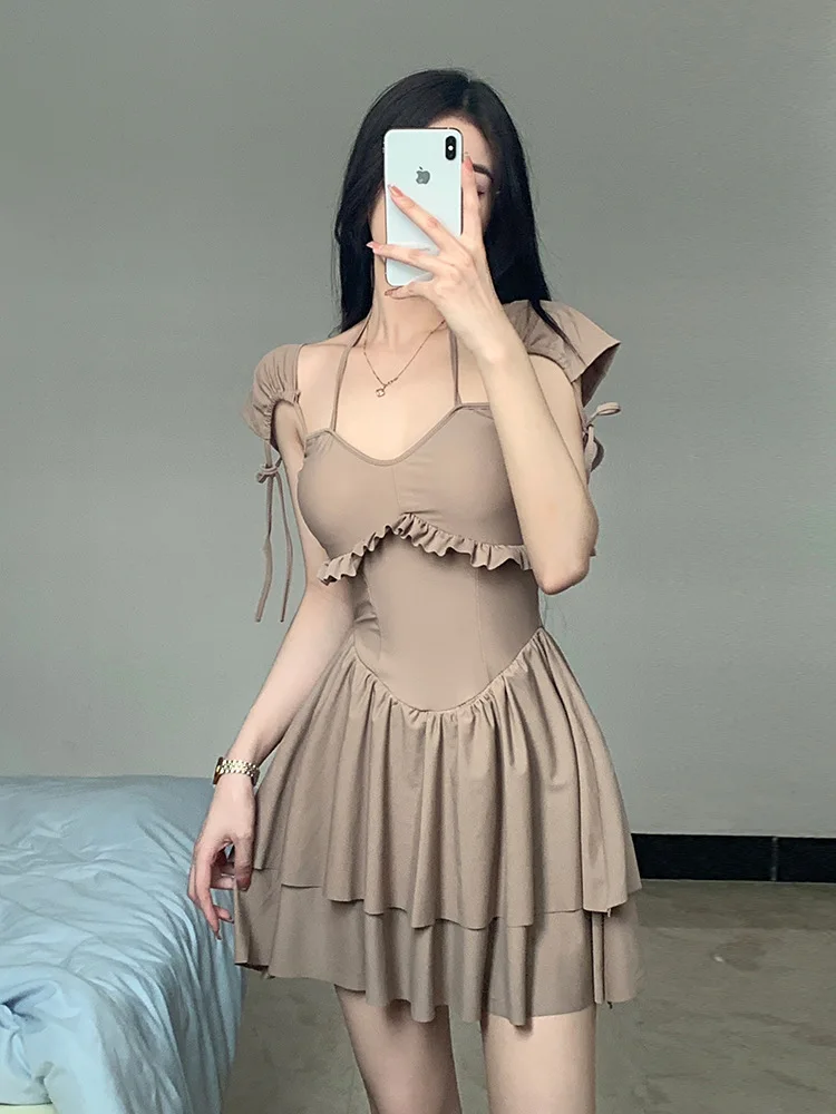 

Женские летние купальники 2023 бикини с завышенной талией, пляжный купальный костюм в стиле ретро, купальники с эффектом пуш-ап, корейский Восстанавливающий цвет молочного чая