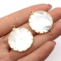 2pcspack 25mm round shaped natural freshwater pearl shell pendants connectors jewelry charms gold edge diy for making earrings