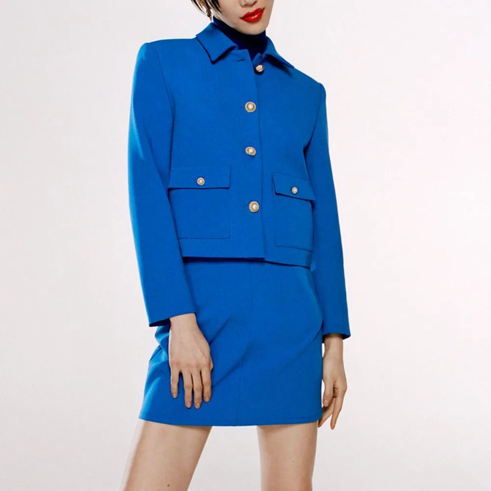 

New women's jacket Fashion solid color Single Button Cropped Blazer Coat Vintage Long Sleeve Female Outerwear Chic Femme+skirt