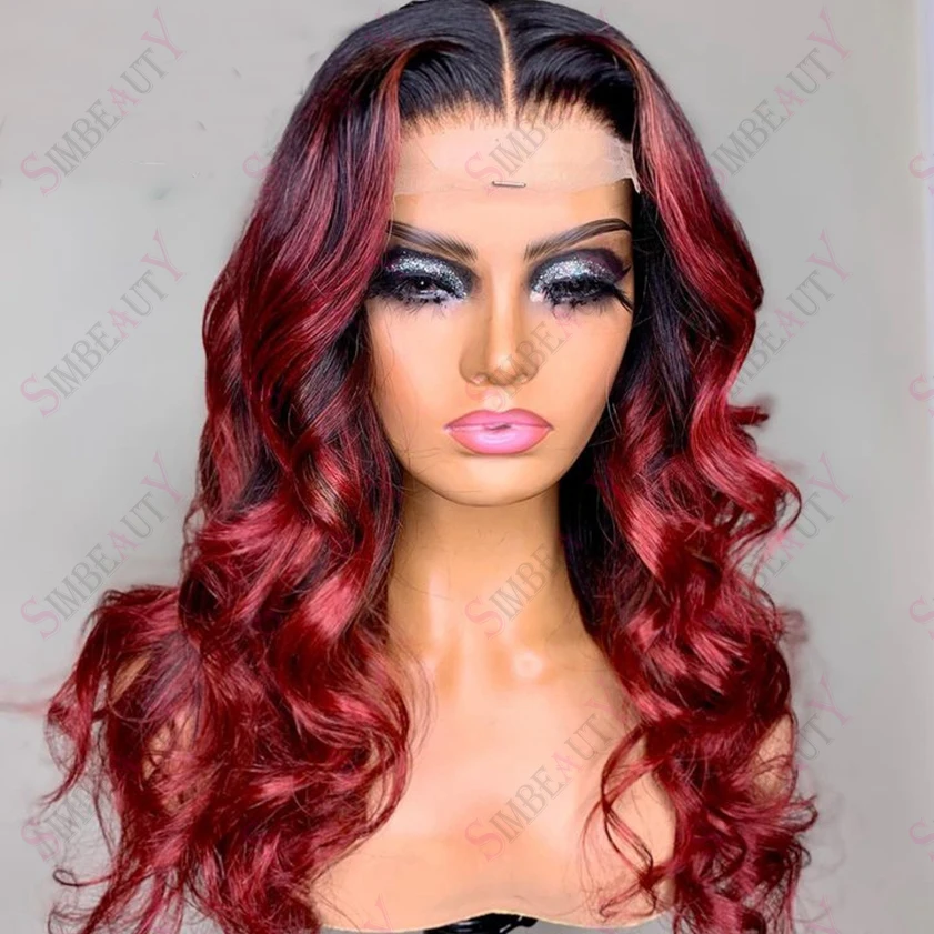 

Ombre Red Burgundy 13X6 Transparent Body Wave Lace Frontal Wig Brazilian Remy 5X5 Lace Closure Human Hair Wigs for Women