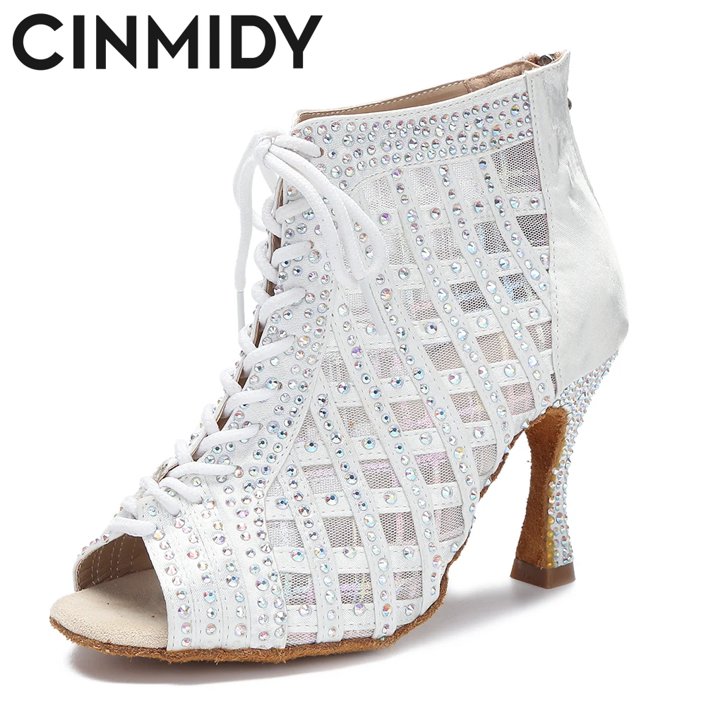 

CINMIDY White Latin Dance Boots Samba Salsa Ballroom Dance Shoe Woman Soft Sole Latin Dance Shoe Ladies Mesh High Heel Boots 9CM