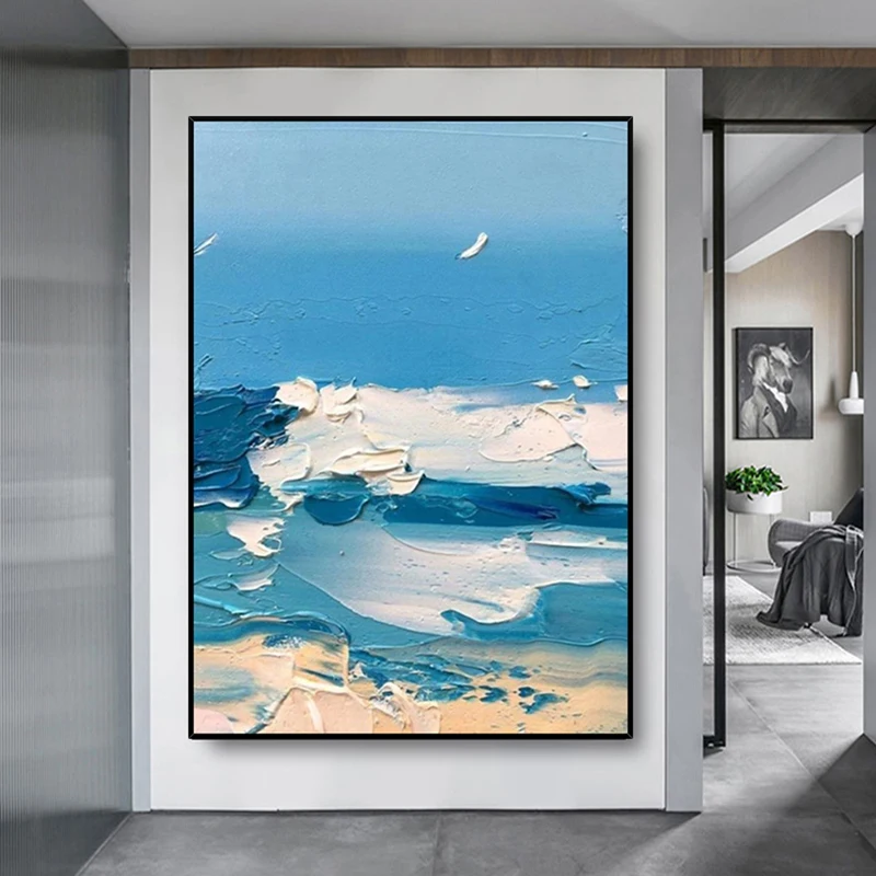 

Hand Painted Abstract Blue Sea Oil Painting Living Room Modern Simple Abstract Thick Oil On Canvas Art Large Decorative Painting