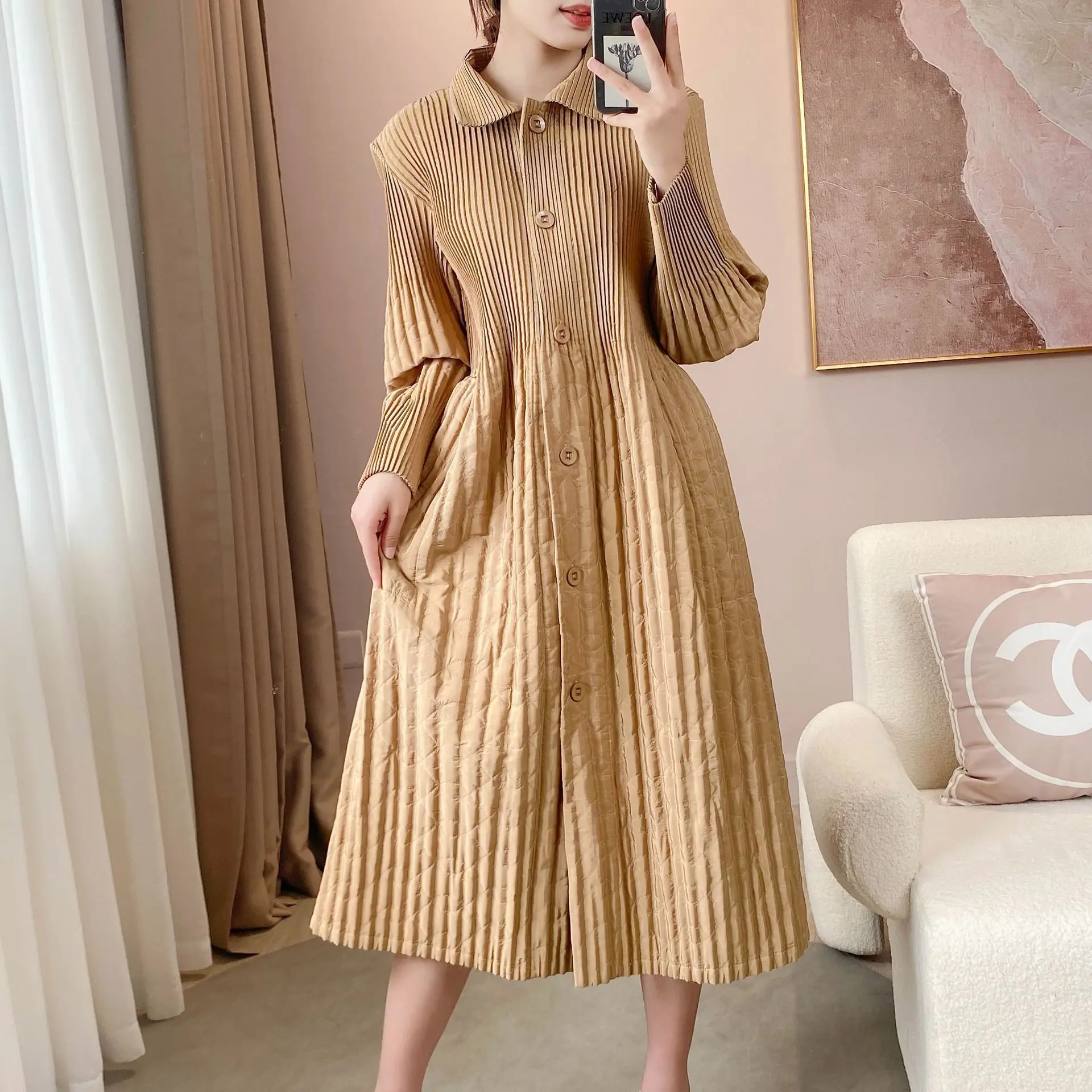 Pleated 2022 Autumn and Winter New Cotton Shirt Medium long trench coat  winter coat women  Casual  Pockets
