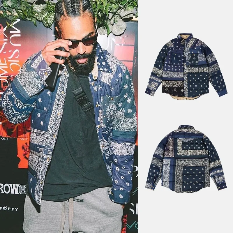 Kapital Vintage Stitched Ancient Cloth Cashew Flower Jacket Cotton Padded Men and Women Tide Thickened Blue Coat Parkas