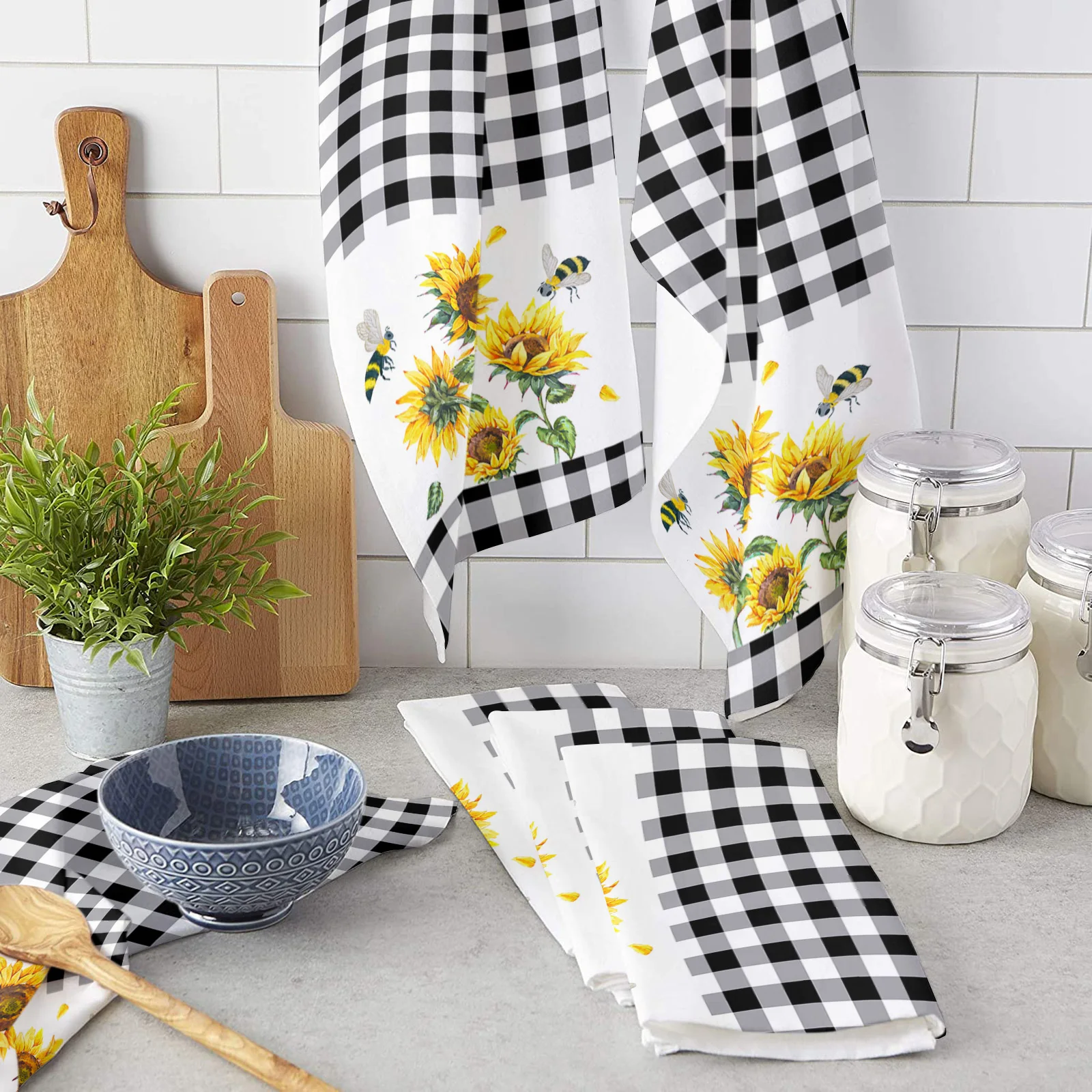 

Farm Sunflower Bee Plaid Microfiber Kitchen Towel Absorbent Non-stick Oil Wiping Rag Home Cleaning Dishcloth