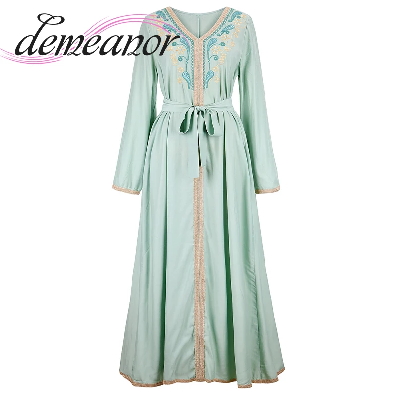 

Green Embroidered Long Sleeve Dress Women's Waist Loose Dress Women's 2022 New Style Belt Retro Dress Fashion Casual Dress