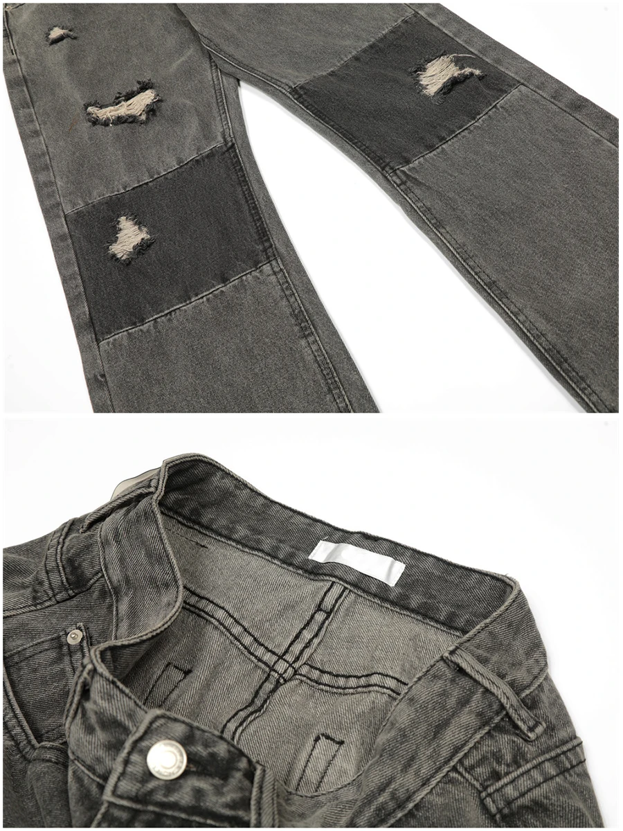 Four Seasons Men's Jeans Stitching Retro Ripped High Street Patch Straight Pants Casual Pants Streetwear Men Ins Hot Sale JEANS