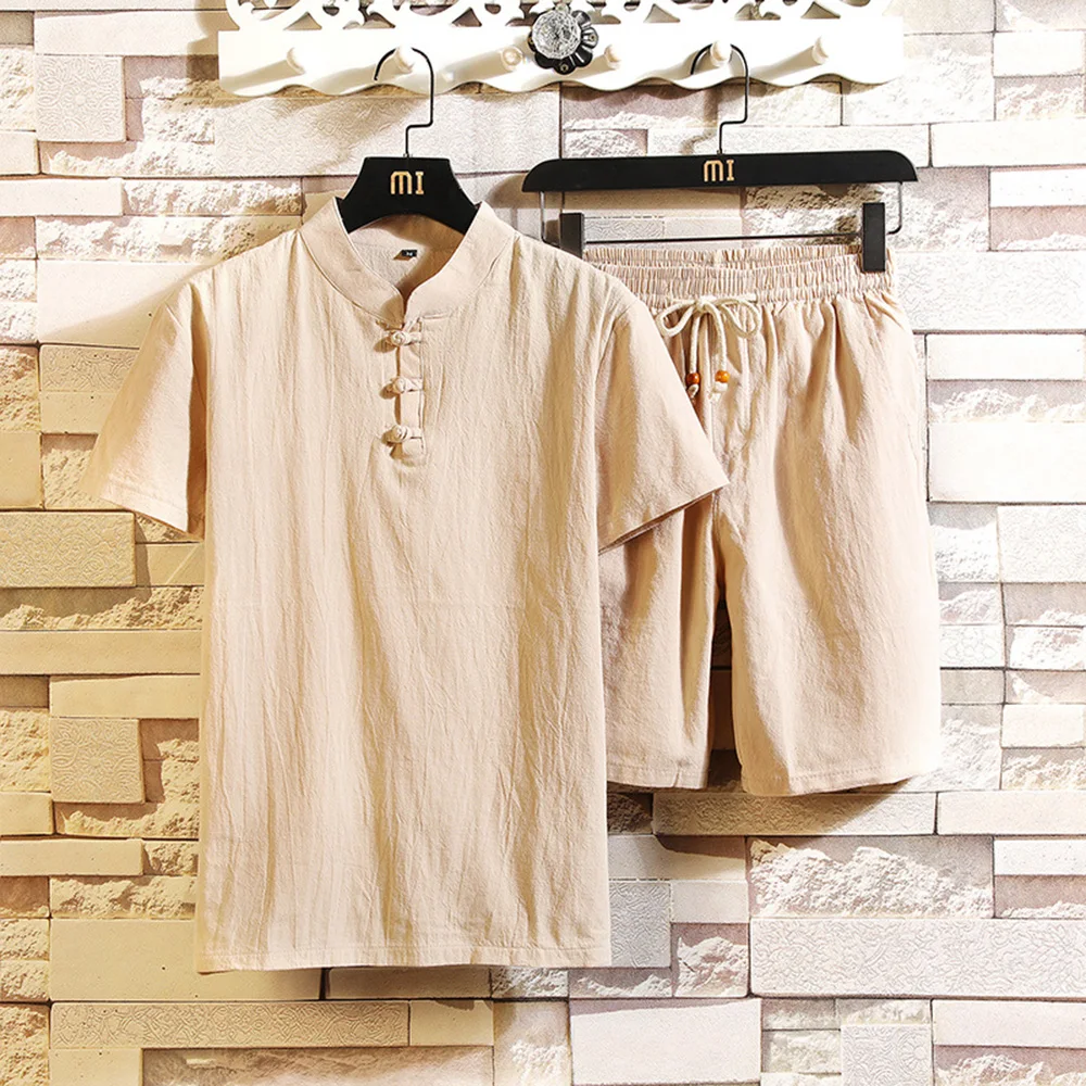 2023 New Arrival Men's Cotton and Linen Short Sleeve T-shirt Shorts 2PC Set Solid Shirt+Shorts Home Suits Male S-3XL