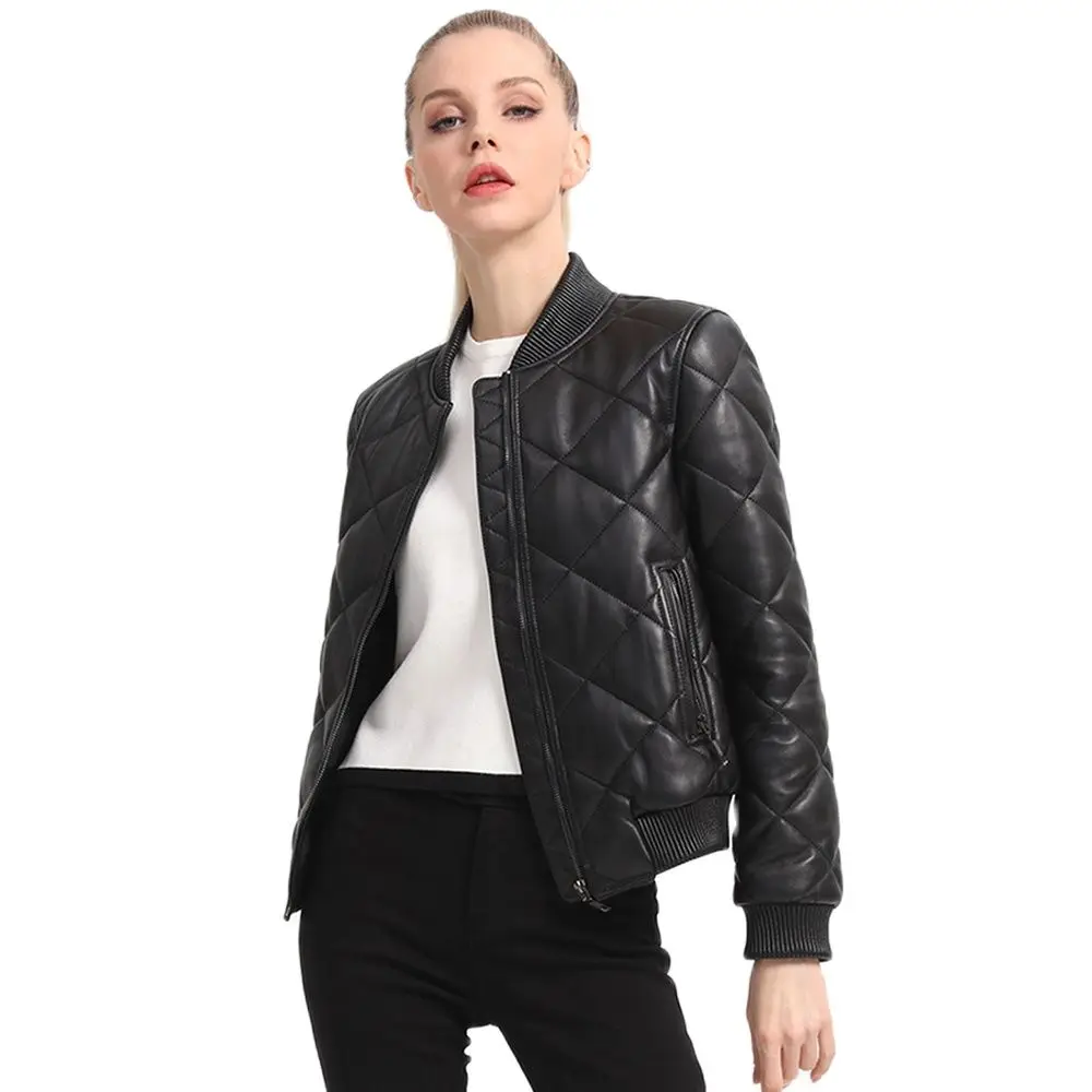 New Women Genuine Leather Coat Autumn Winter Casual Streetwear Style Thicken Sheepskin Baseball Jacket Slim Short Outerwear
