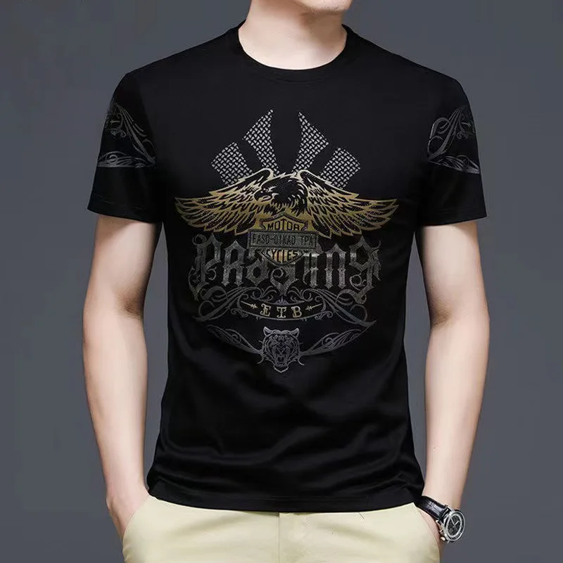 

Summer Men's Pullover Round Neck Solid Letter Animal Print Rhinestone Vacation Short Sleeve T-shirt Fashion Casual Vintage Tops