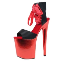 women sandals 20cm spike heels cross strap narrow bands red mirror color ladies party shows nightclub shoes