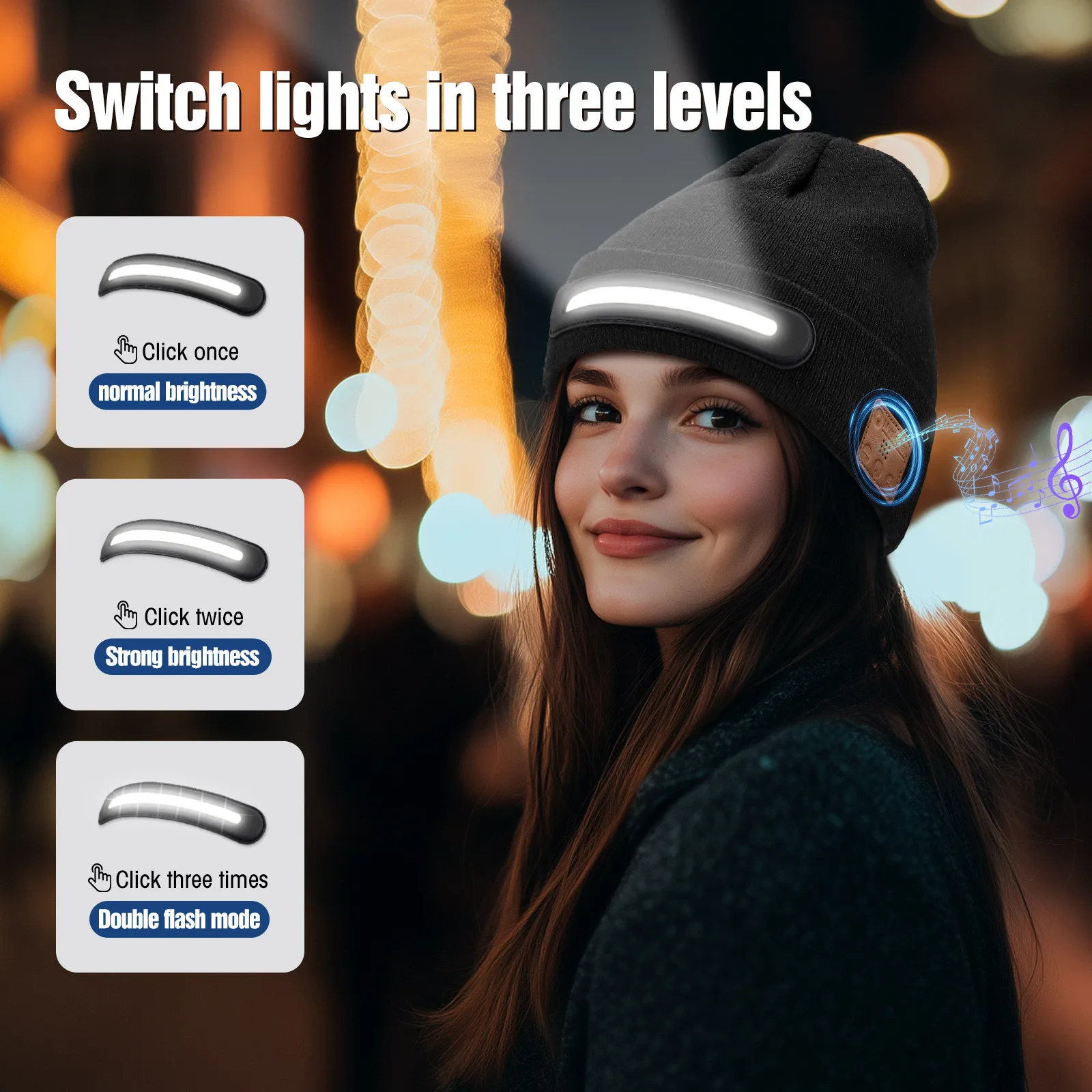 Фото Светодиодная беспроводная музыкальная шапка с подсветкой и Bluetooth-наушниками, перезаряжаемый налобный фонарь, теплая кепка для технического лагеря для ночных работников, бегунов №3