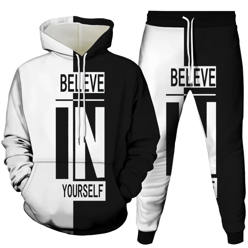 

Men Fashion Black White Tracksuit Beleive In Yourself Letters Print Unisex Outdoor Sportwear Clothing Hoodies+Pants 2PcsSet 6XL