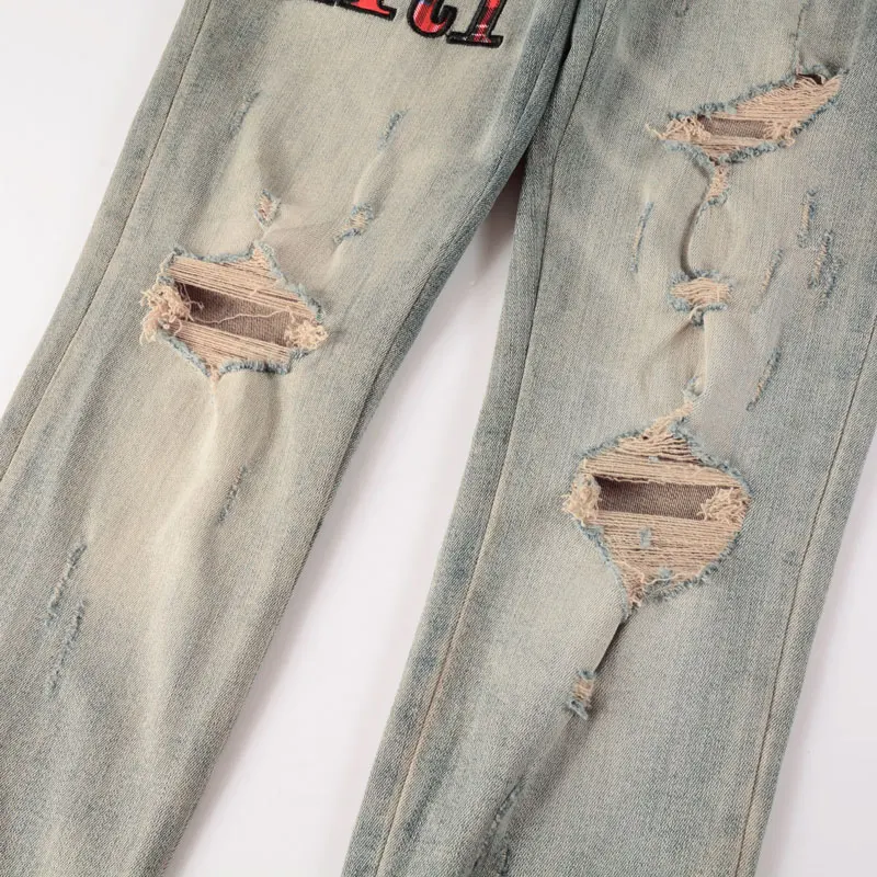 Street Fashion Men Jeans Retro Yellow Blue Elastic Skinny Ripped Jeans Men Embroidered Patch Designer Hip Hop Brand Pants Hombre