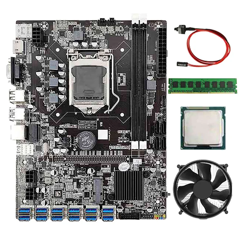 

B75 BTC Mining Motherboard G530/G630 CPU+8G DDR3 RAM+Cool Fan+Switch Cable 12 USB3.0 To PCIE Slot LGA1155 DDR3 SATA3.0