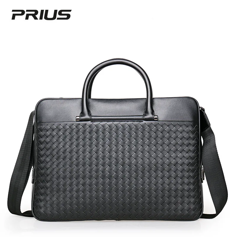 2023 New Luxury Weave Cow Genuine Leather Business Men's Briefcase Male Briefcase Shoulder Bag Men Messenger Laptop Computer Bag