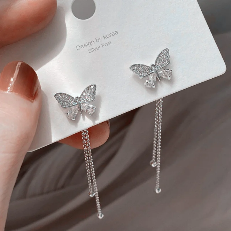 

Delicate Butterfly Earrings for Women Silver Shiny CZ Stone Wedding Engagement Party Nice Accessories Hot Sale Pendientes Largos