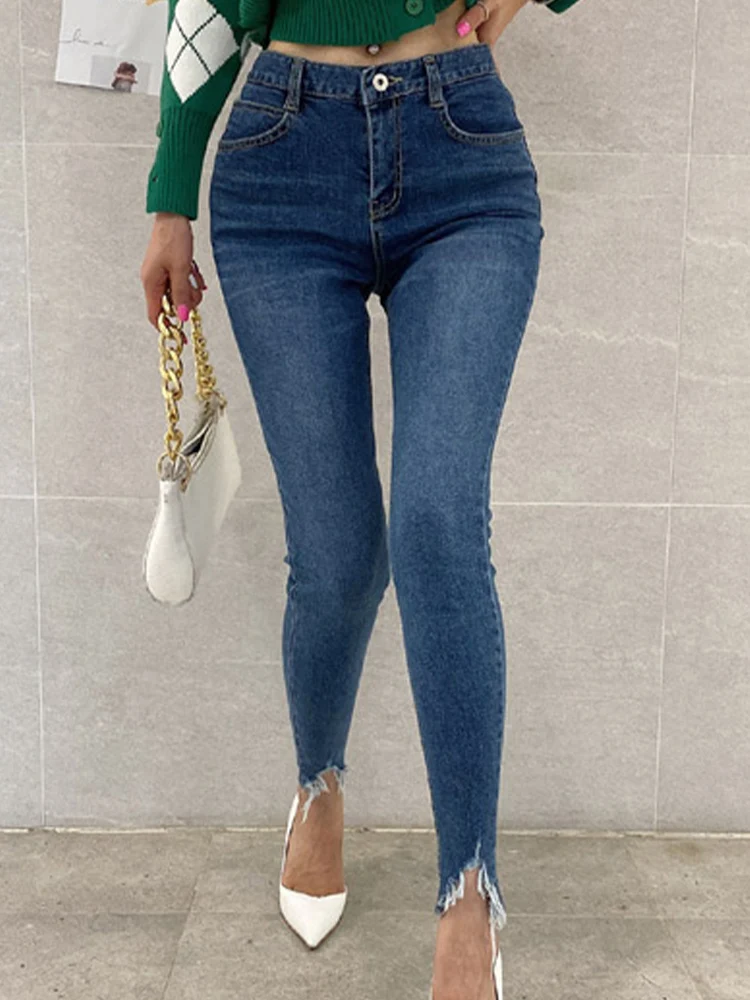 

Stretch High Waist Casual Jeans Women's 2022 Summer Hot Sale Korean New Slender Raw Edge Skinny Pants Woman Clothes Xs Size
