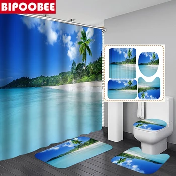 Blue Sky Ocean 3D Shower Curtain Summer Beach Bathroom Set Bath Mat Rug Pedestal Non-slip Carpet Toilet Cover Lid Home Decor