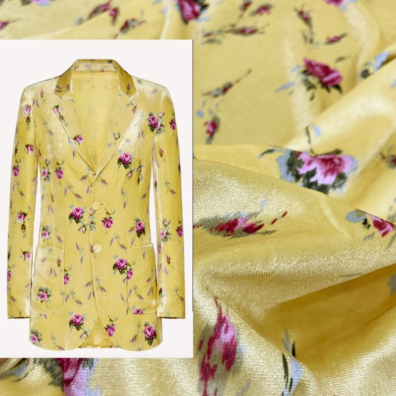 

Yellow Flower Printed Velour Fabric Italian Luxury Brand Fashion Design Suit Pants Diy Fabrics Cloth for Dress Sewing by Meter