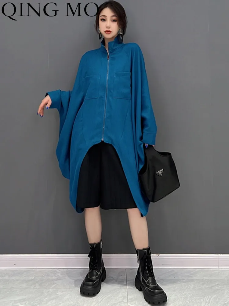 

QING MO 2023 Spring Autumn New Korean Fashion Batwing Sleeve Trench Coat Show Slim Irregular Women Streetwear ZXF1225