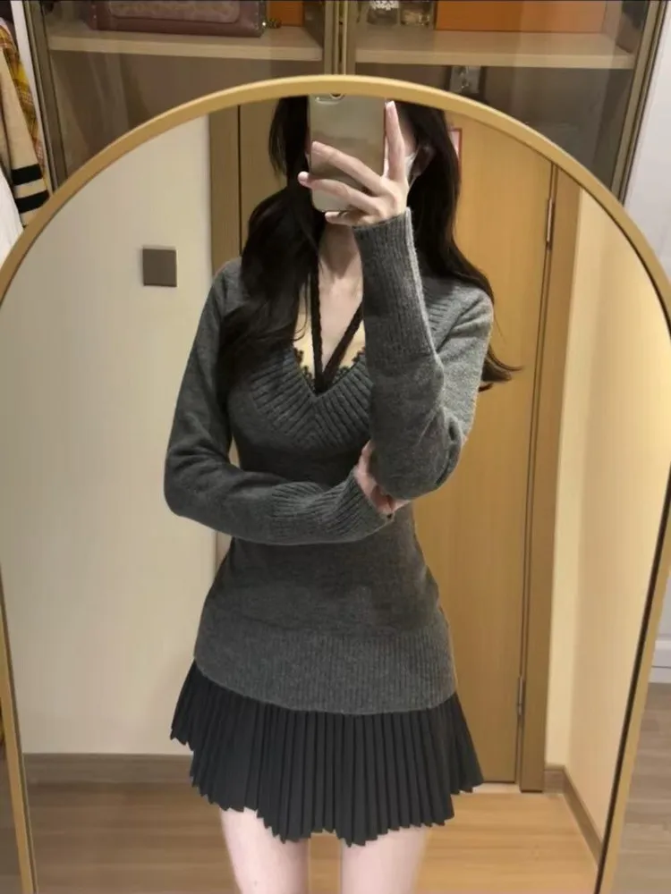 Sister Gao Zhi Вязаный свитер с v-образным вырезом Женская плиссированная юбка