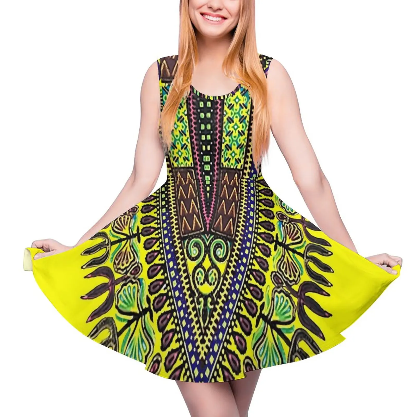 

Yellow Dashiki Dress African Print Vintage Dresses High Waist Casual Design Skate Dress Ladies Oversized Clothing