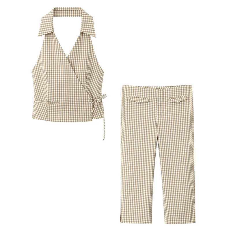 Клетчатый брючный костюм с лямкой на шее и открытой спиной жилет комплект прямых