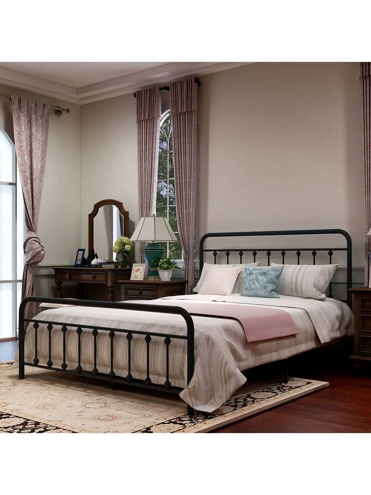 Victorian Vintage Style Headboard And Footboard No Box Spring Heavy Duty Steel Slat Mattress Foundation