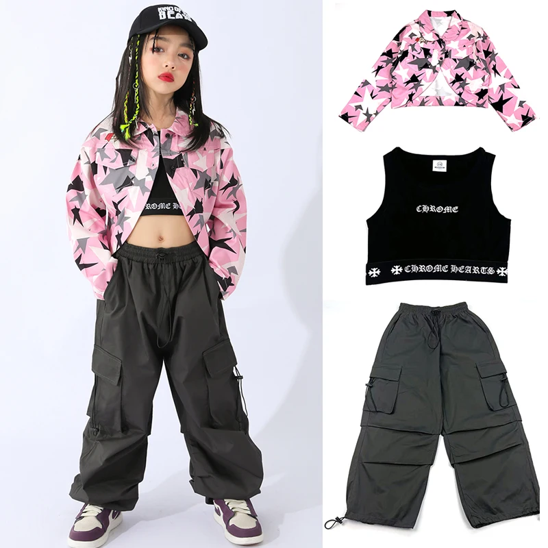 

Kids Cool Hip Hop Clothing Camouflage Coat Cargo Pants For Girls Jazz Costumes Street Dancewear Stage Show Kpop Outfit XS5470