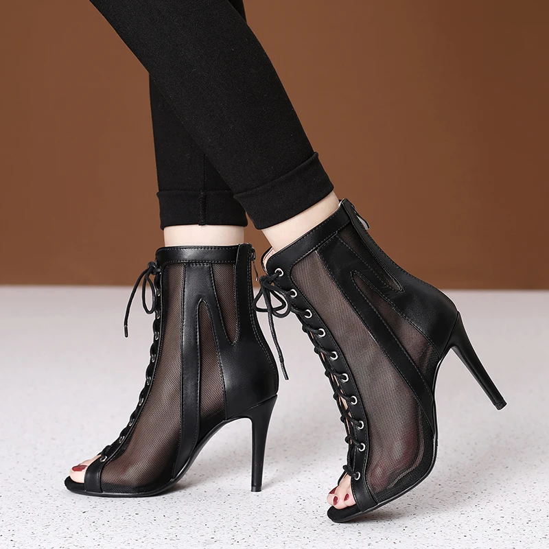 Black Women Lace-UP Latin Dance Shoes High Heels Outdoor Tango Dancing Boots Open Toes Soft Soles Casual Outdoor Dancing Shoes