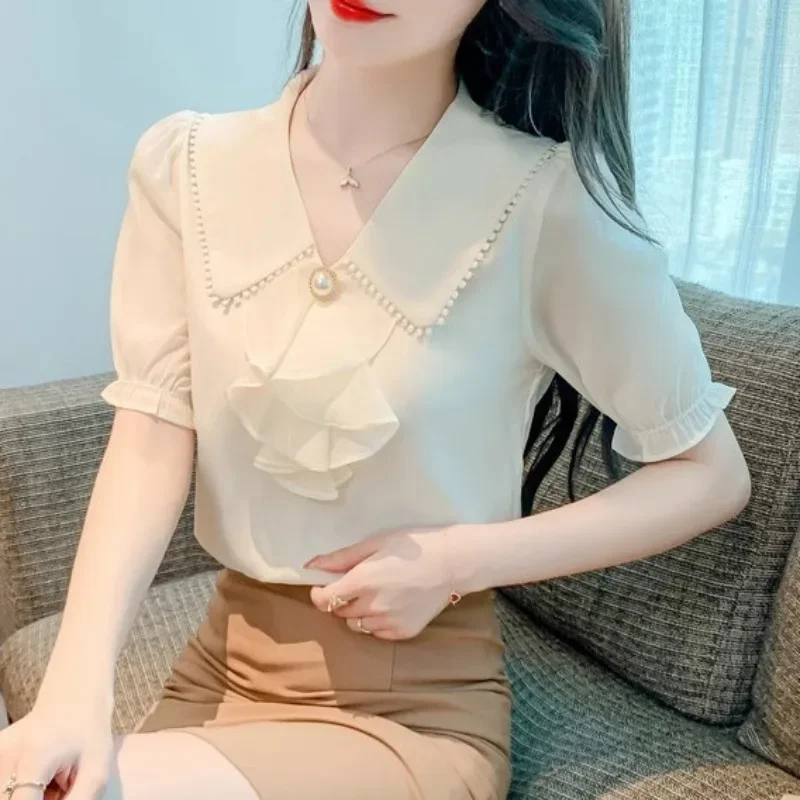 Женская летняя новая шифоновая рубашка с V-образным вырезом и коротким рукавом