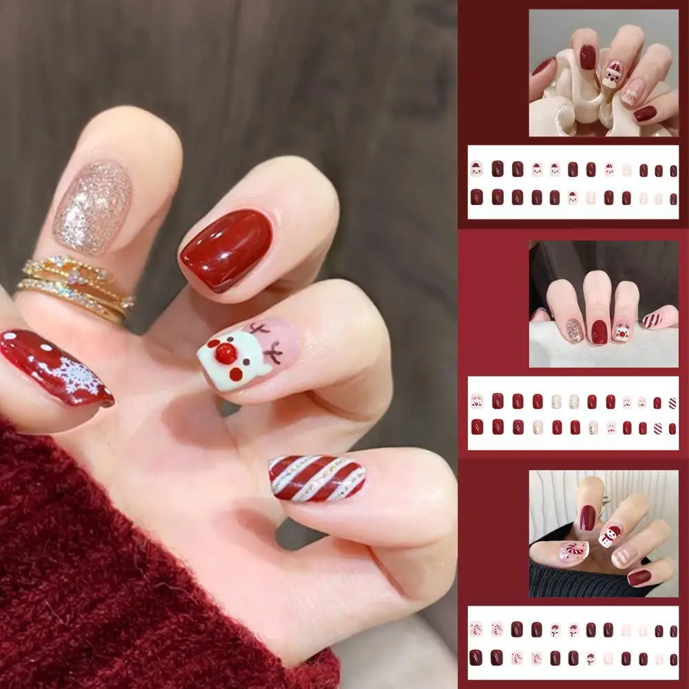 

Wearable Fake Nails Finished Christmas Collection Short Flat False Nails Art Removable Full Coverage Press on Nail Tips