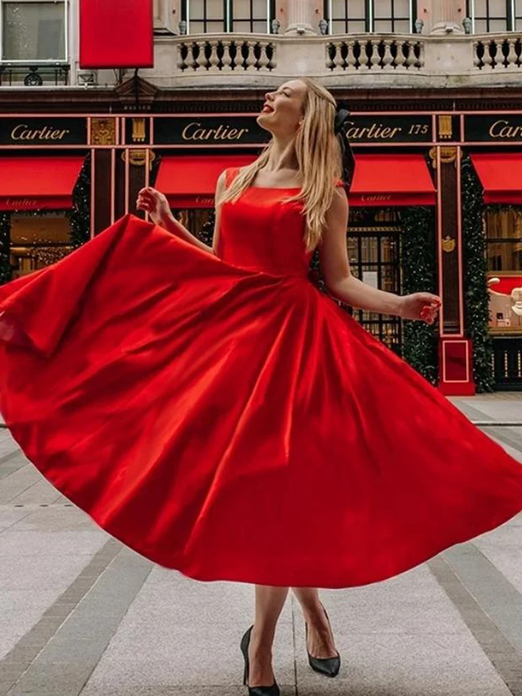 

2021 New Style Simple Vintage Sexy Backless Bow Sleeveless Prom Dresses Red Ball Gown Girls Mid Length Birthday Party Vestidos