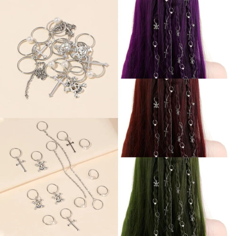 Фото 13 шт., набор смешанных колец для волос с крестом и черепом, плетение волос, металлические зажимы-манжеты, дреды, бусины, грязные косы, очаровательные трубки для волос, декор №1