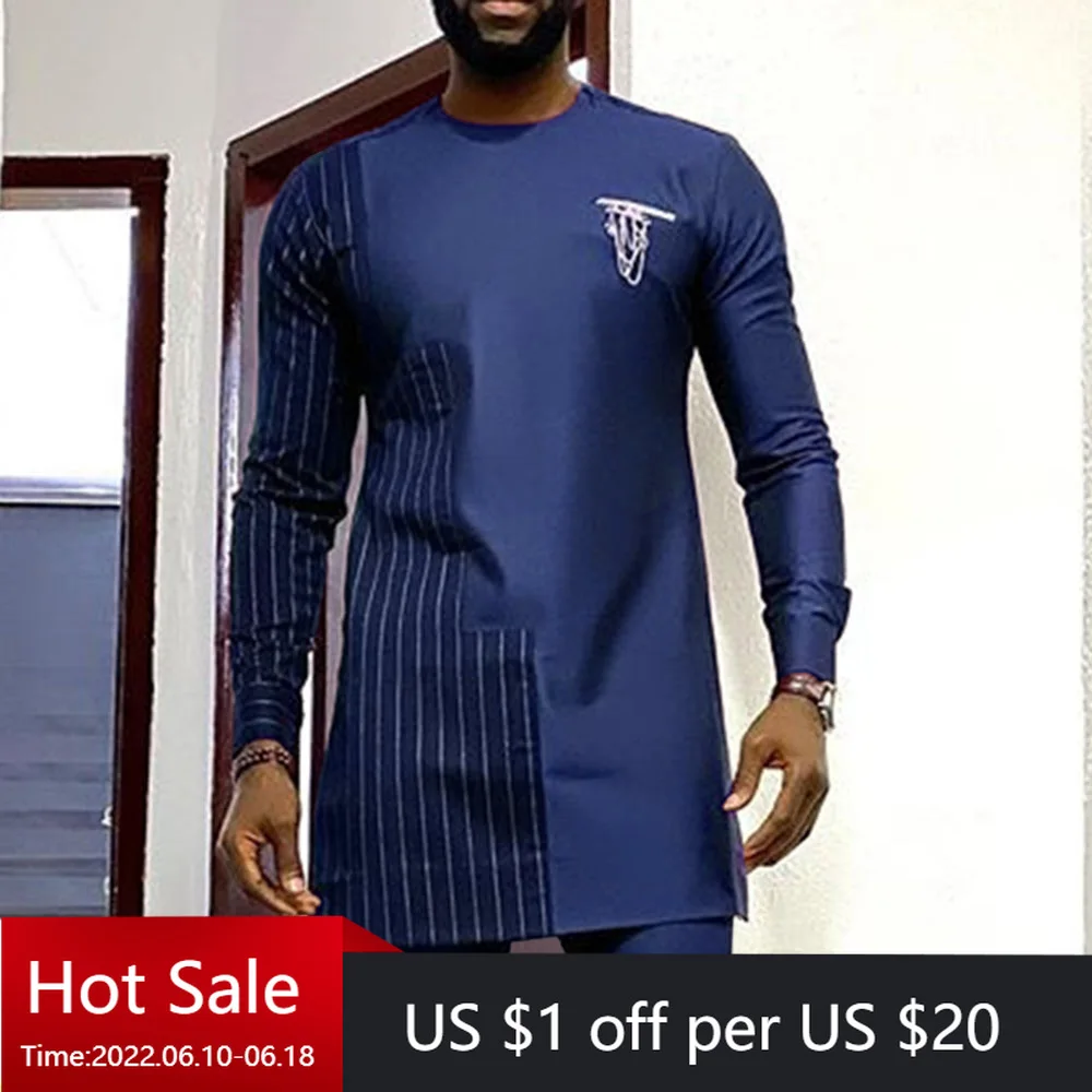 

Fashion Casual Long Sleeve Dashiki African Clothing for Man Stripe Stitching Men's Blouse Men's Clothing Summer Blue 2022