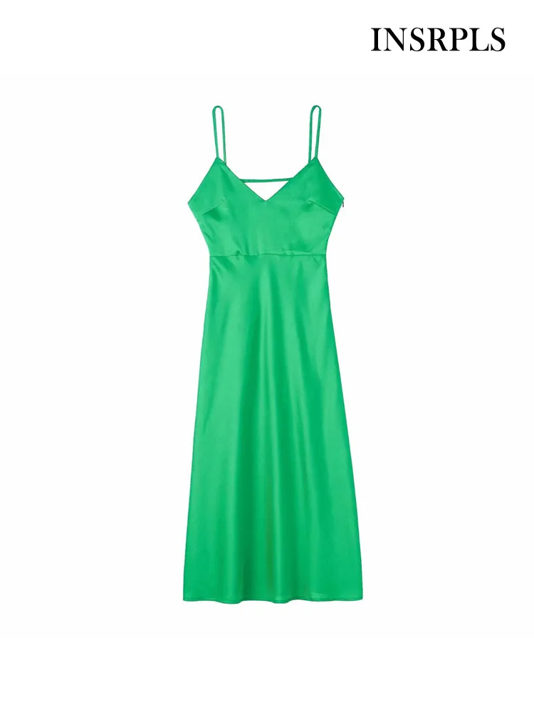 

INSRPLS Women Fashion Satin Midi Camisole Dress Vintage Backless Side Zipper Thin Straps Female Dresses Vestidos Mujer
