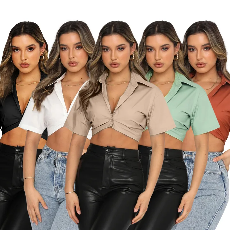 

Summer Office Lady Exposed Navel Shirt Women Casual Lapel Neck 5 Color Skinny Blouse Female Regular Sleeves Crop Top 2022