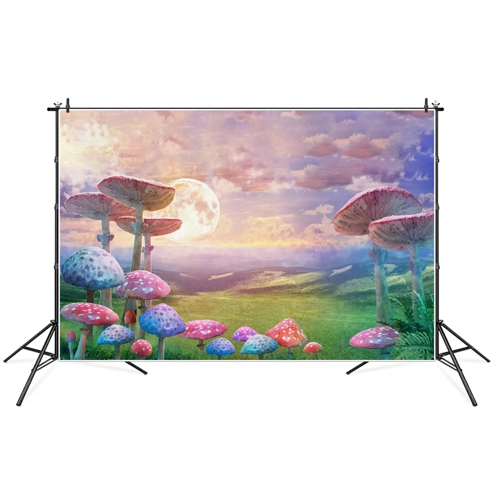 

Mushroom Green Grassland Photography Backgrounds Baby Clouds Moon Sky Forest Wonderland Party Home Decoration Photocall Backdrop