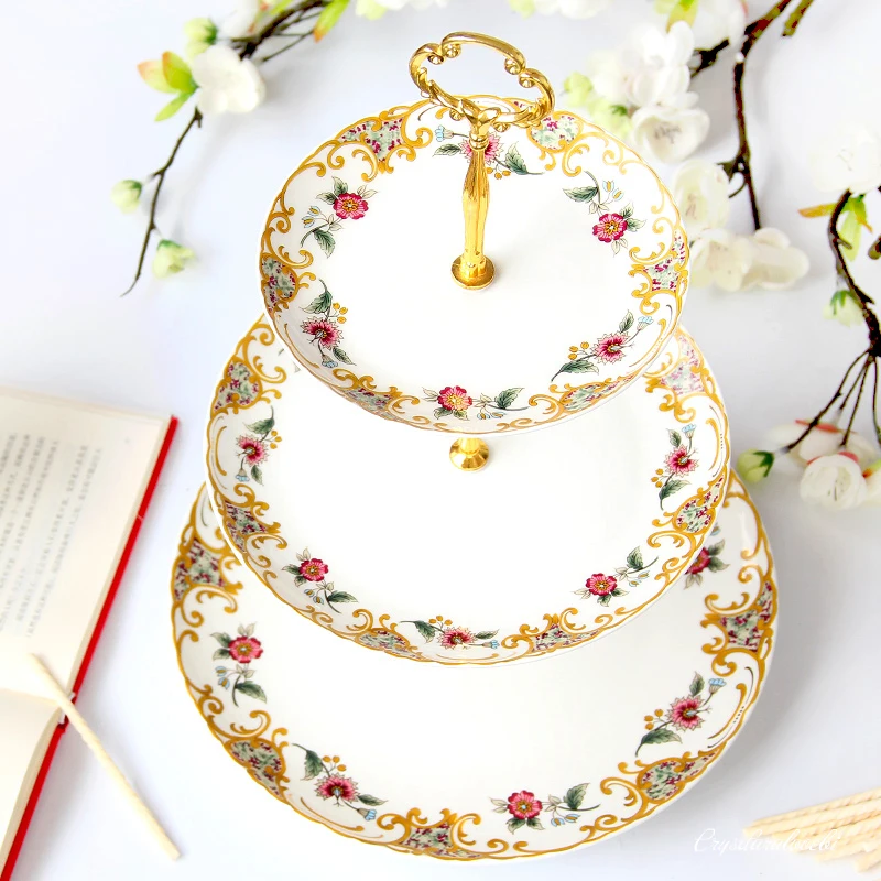 

6+8+10inch, Fine Bone China Floral Cake Stand, Nordic Ceramic Cake Plate Stand, Gold Plates, Fruit Plate, Dish Set, for Buffet