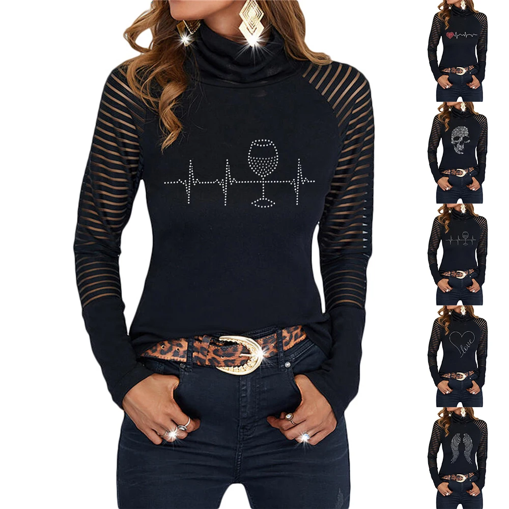 

Женские топы, пуловер с прозрачными рукавами, Дамская облегающая Повседневная футболка с длинными рукавами, топ с ложным воротником и принт...