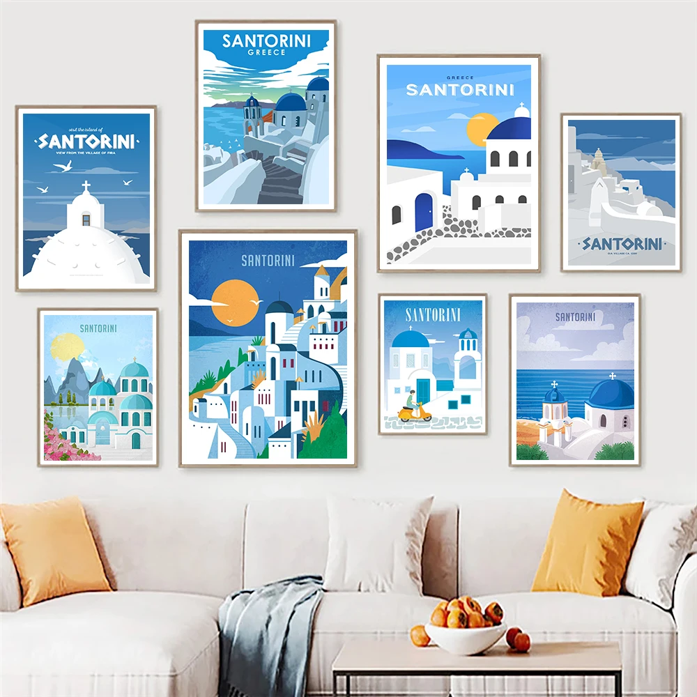 

Santorini Greece Travel Vintage Poster Minimalist Blue Style Architecture Print Canvas Fira Oia Village Landscape Wall Pictures