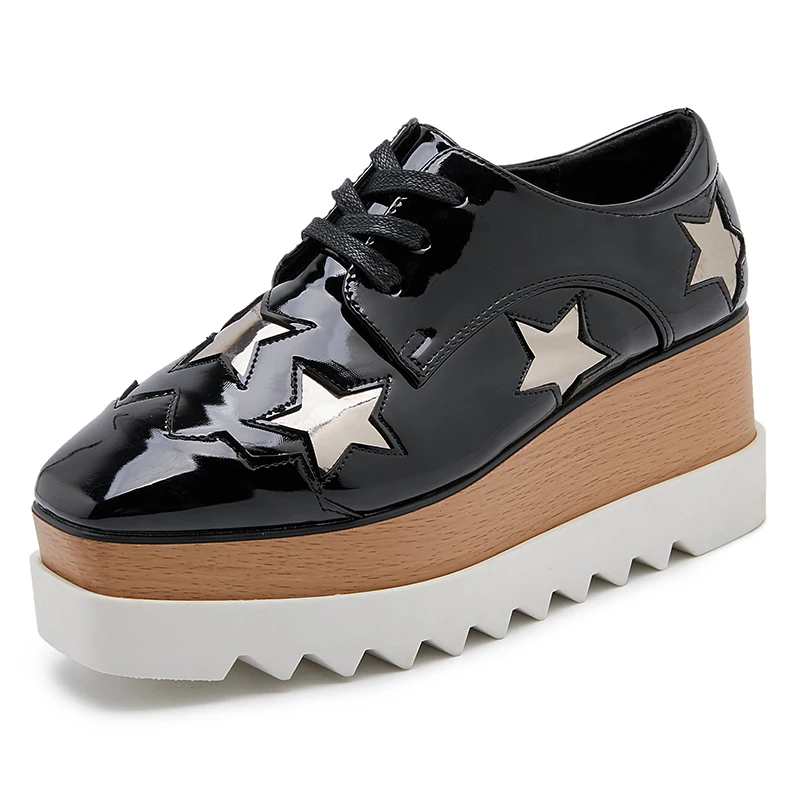 

Black Platform Wedges Shoes 8cm Womens High Heels Autumn Star Lace Up Wedge Fashion Creepers Wedge Heels Plataforma Mujer
