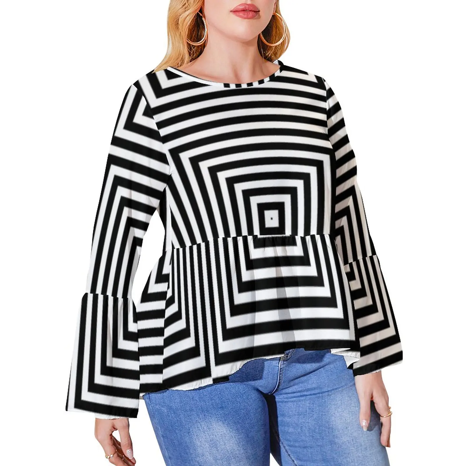 

Psychedelic T Shirt Square Optical Illusion Classic Long Sleeve T-Shirts Vintage Tee Shirt Womens Autumn Tees Plus Size 4XL 5XL