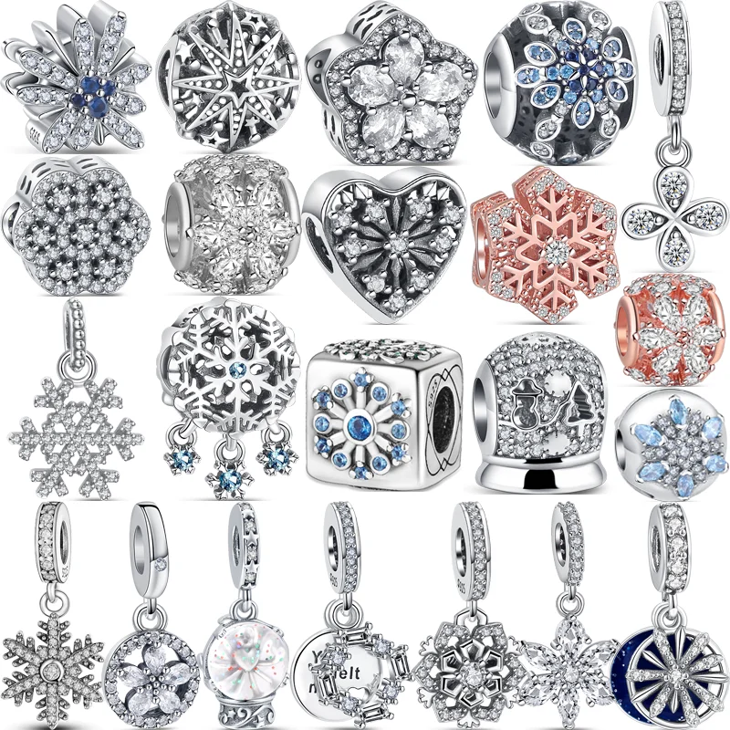 

925 Silver Winter Blue Snowflake Shiny Ice Crystal Flower Classic Pendant Beads Fit Original Pandora Charms Bracelet DIY Jewelry